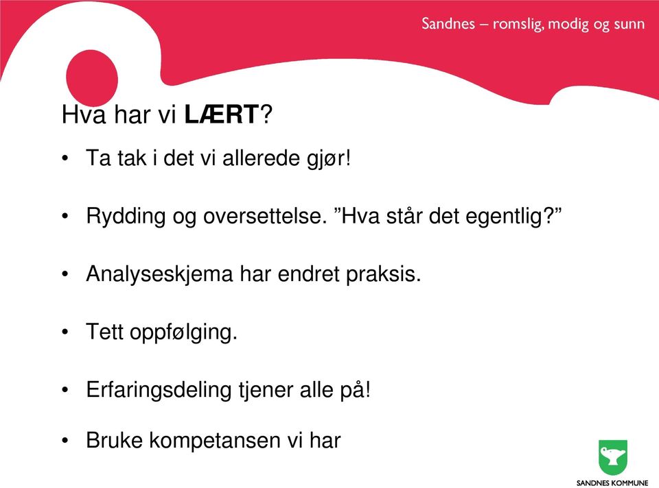 Analyseskjema har endret praksis. Tett oppfølging.