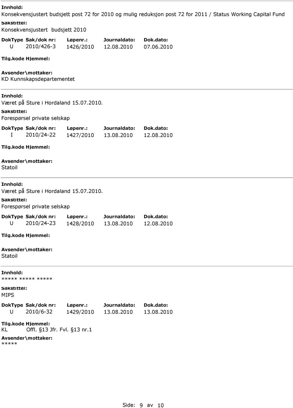 2010 KD Kunnskapsdepartementet Været på Sture i Hordaland 15.07.2010. Forespørsel private selskap 2010/24-22 1427/2010 Statoil Været på Sture i Hordaland 15.