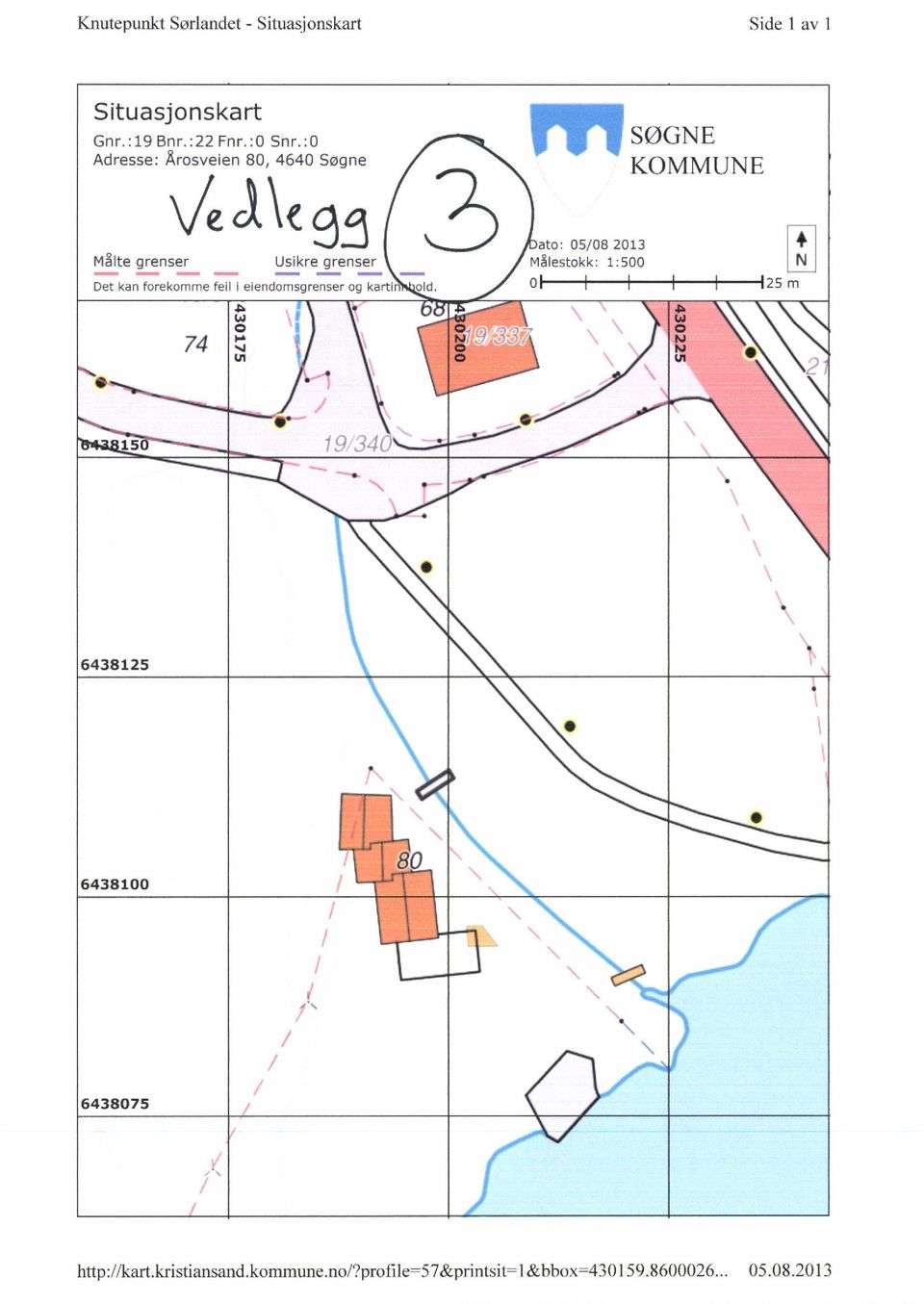 eiendorosgrenser og kartin old. ato: 05/08 2013 Målestokk: 1:500 SØGNE KOMMUNE 25 m N 74 41 0. PJ : 15 9.