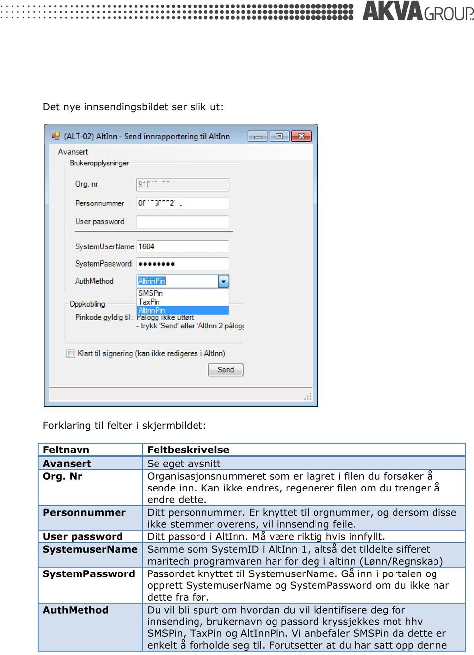 Er knyttet til orgnummer, og dersom disse ikke stemmer overens, vil innsending feile. User password Ditt passord i AltInn. Må være riktig hvis innfyllt.