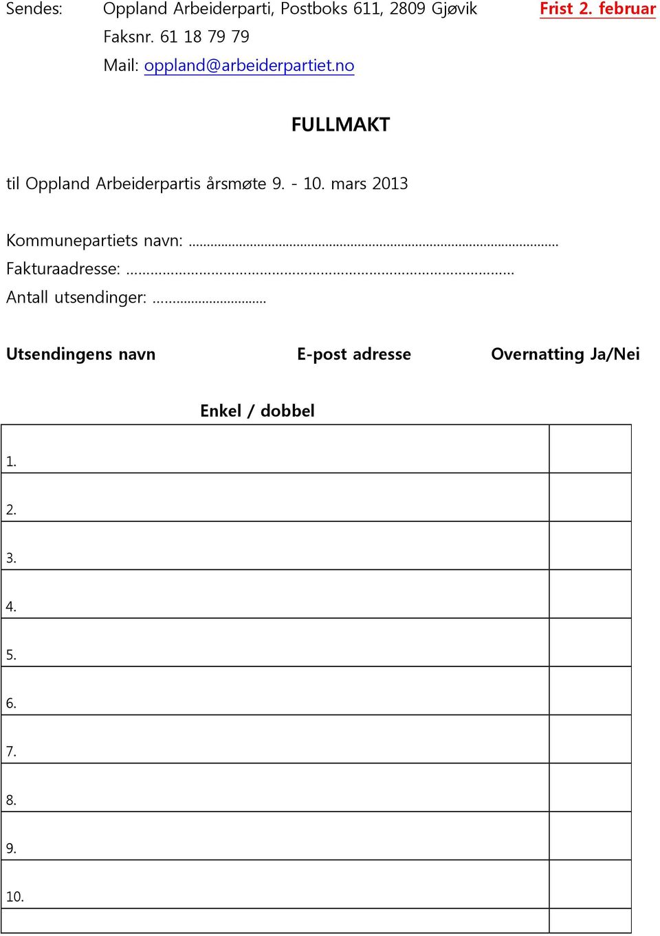 no FULLMAKT til Oppland Arbeiderpartis årsmøte 9. - 10. mars 2013 Kommunepartiets navn:.