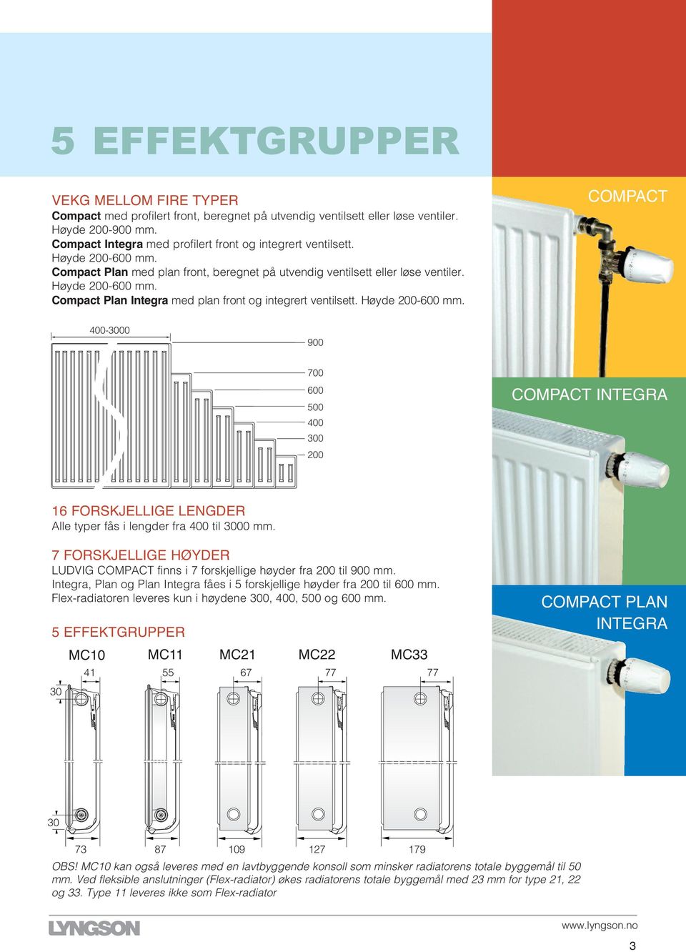 FORSKJELLIGE HØYDER LUDVIG COMPACT finns i forskjellige høyder fra 0 til mm. Integra, Plan og Plan Integra fåes i forskjellige høyder fra 0 til mm. Flex-radiatoren leveres kun i høydene 00,, og mm.