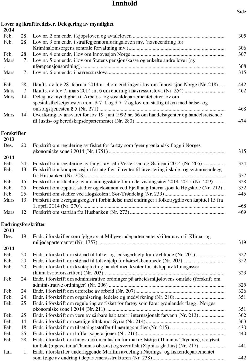 i lov om Statens pensjonskasse og enkelte andre lover (ny uførepensjonsordning)... 308 Mars 7. Lov nr. 6 om endr. i havressurslova... 315. Feb. 28. Ikrafts. av lov 28. februar 2014 nr.