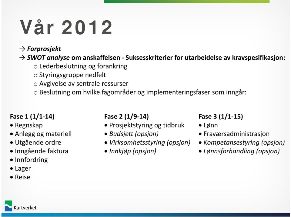 Regnskap Anlegg og materiell Utgående ordre Inngående faktura Innfordring Lager Reise Fase 2 (1/9 14) Prosjektstyring og tidbruk Budsjett