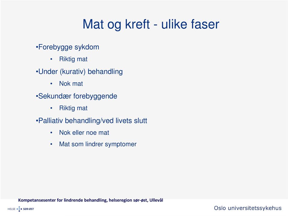 Palliativ behandling/ved livets slutt Nok eller noe mat Mat som