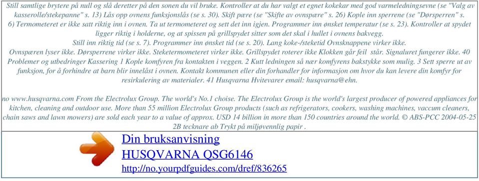 26) Kople inn sperrene (se "Dørsperren" s. 6) Termometeret er ikke satt riktig inn i ovnen. Ta ut termometeret og sett det inn igjen. Programmer inn ønsket temperatur (se s. 23).