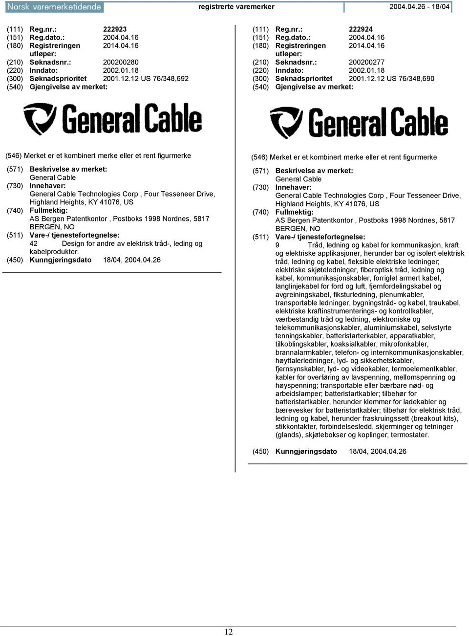 76/348,690 General Cable General Cable Technologies Corp, Four Tesseneer Drive, Highland Heights, KY 41076, US AS Bergen Patentkontor, Postboks 1998 Nordnes, 5817 BERGEN, NO 42 Design for andre av