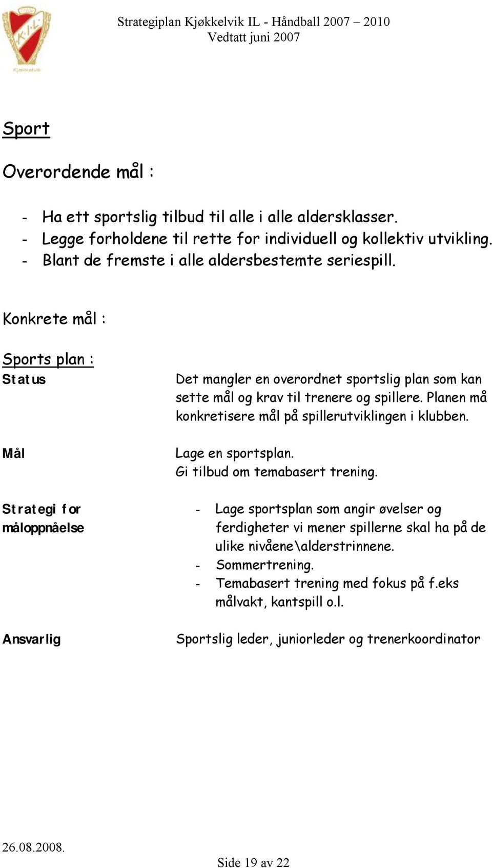 Planen må konkretisere mål på spillerutviklingen i klubben. Lage en sportsplan. Gi tilbud om temabasert trening.