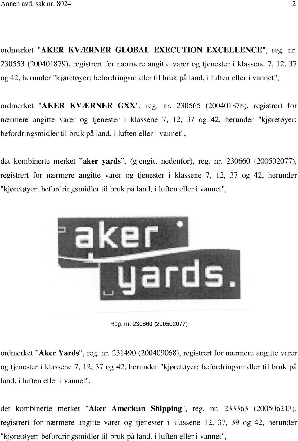 230553 (200401879), registrert for nærmere angitte varer og tjenester i klassene 7, 12, 37 og 42, herunder "kjøretøyer; befordringsmidler til bruk på land, i luften eller i vannet", ordmerket "AKER