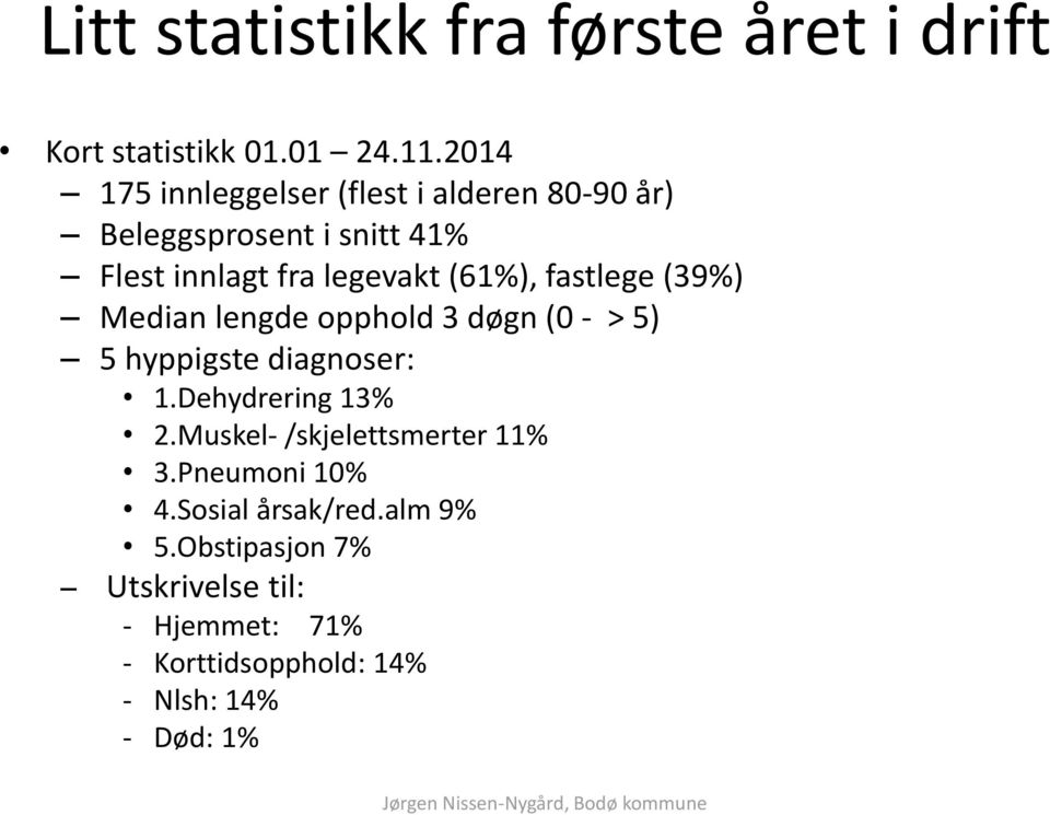 fastlege (39%) Median lengde opphold 3 døgn (0 - > 5) 5 hyppigste diagnoser: 1.Dehydrering 13% 2.