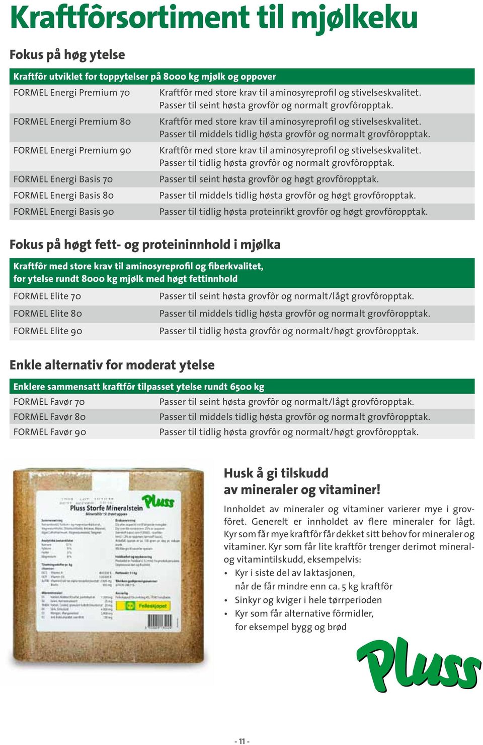 Passer til middels tidlig høsta grovfôr og normalt grovfôropptak. FORMEL Energi Premium 90 Kraftfôr med store krav til aminosyreprofil og stivelseskvalitet.