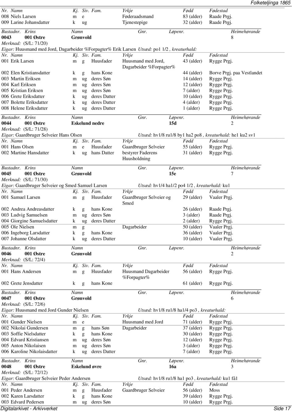 Rygge Prgj. Dagarbeider %Forpagter% 002 Elen Kristiansdatter k g hans Kone 44 (alder) Borve Prgj. paa Vestlandet 003 Martin Eriksen m ug deres Søn 14 (alder) Rygge Prgj.