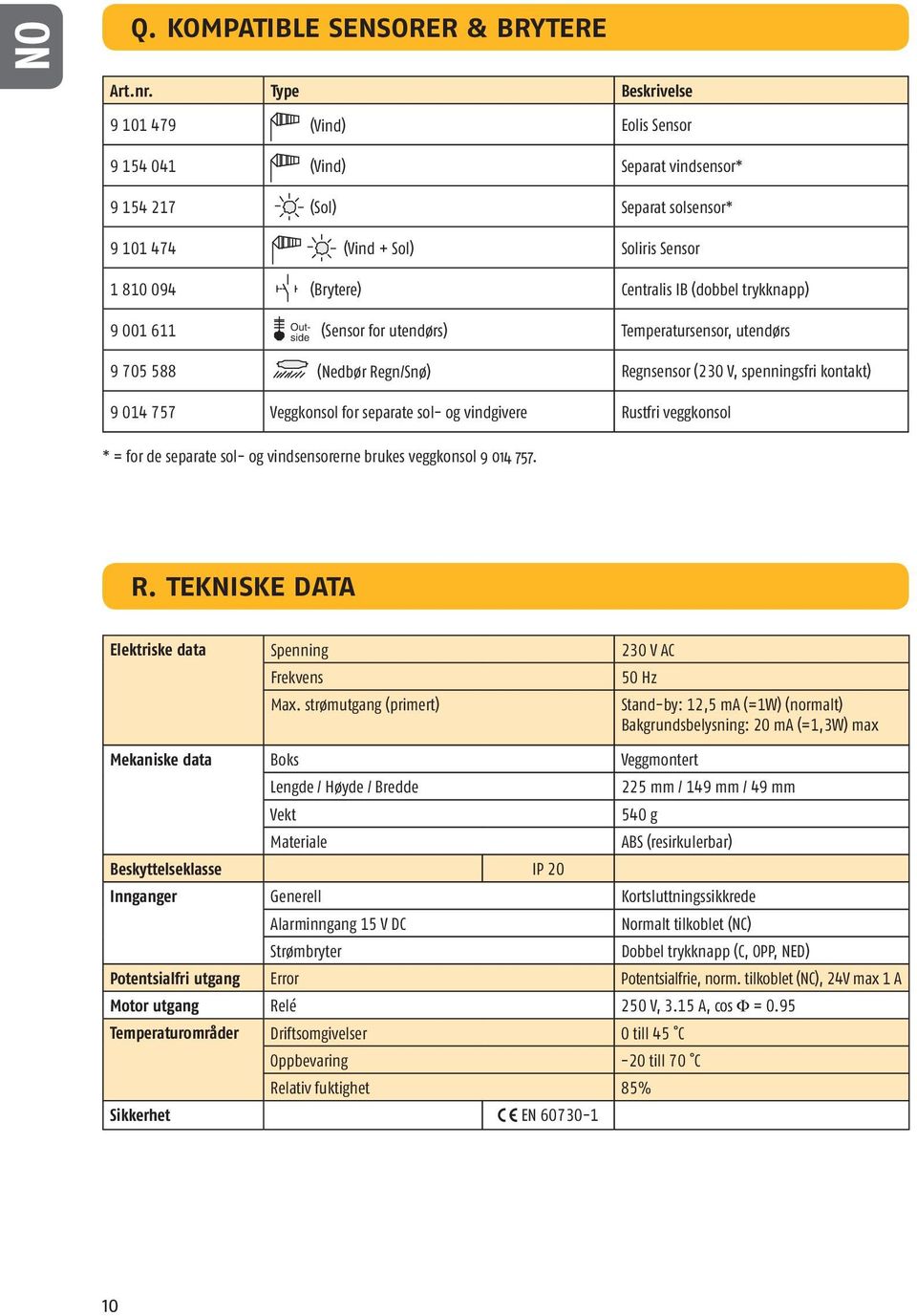 (Brytere) 9 001 611 Outside (Sensor for utendørs) Soliris Sensor entralis IB (dobbel trykknapp) Temperatursensor, utendørs Outside 9 705 588 (Nedbør Regn/Snø) Regnsensor (230 V, spenningsfri kontakt)