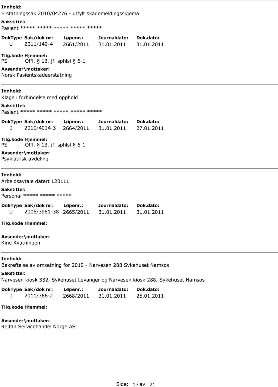 120111 Personal ***** ***** ***** 2005/3981-38 2665/2011 Kine Kvatningen nnhold: Bekreftelse av omsetning for 2010 - Narvesen 288 Sykehuset Namsos