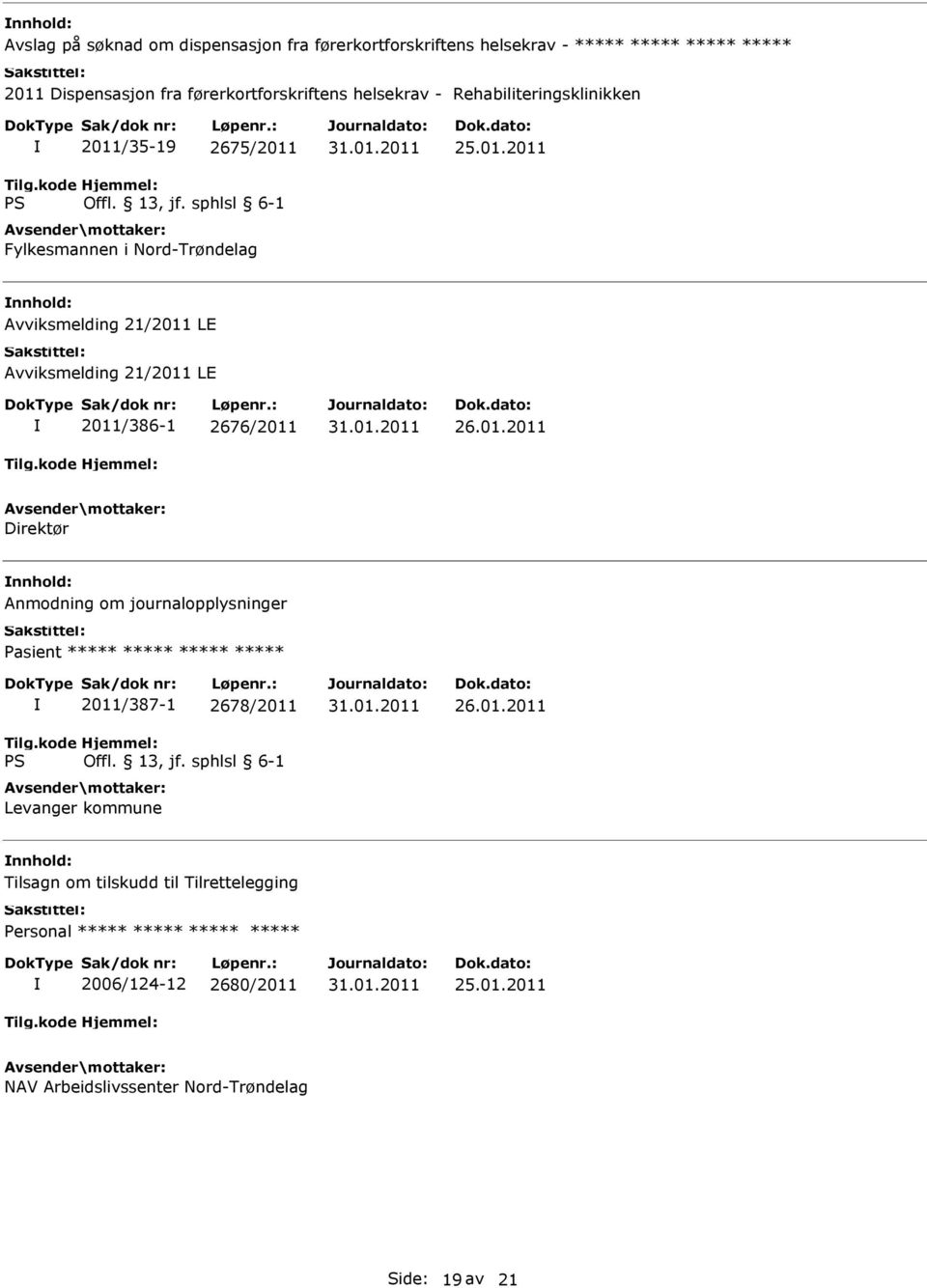 01.2011 Direktør nnhold: Anmodning om journalopplysninger Pasient ***** ***** ***** ***** 2011/387-1 2678/2011 Levanger kommune 26.01.2011 nnhold: Tilsagn om tilskudd til Tilrettelegging 2006/124-12 2680/2011 25.