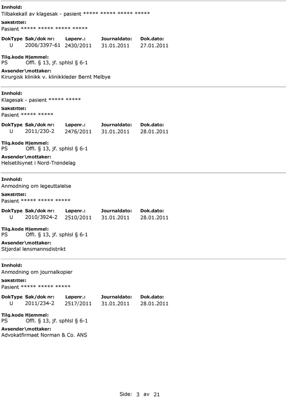 klinikkleder Bernt Melbye nnhold: Klagesak - pasient ***** ***** Pasient ***** ***** 2011/230-2 2476/2011 Helsetilsynet i