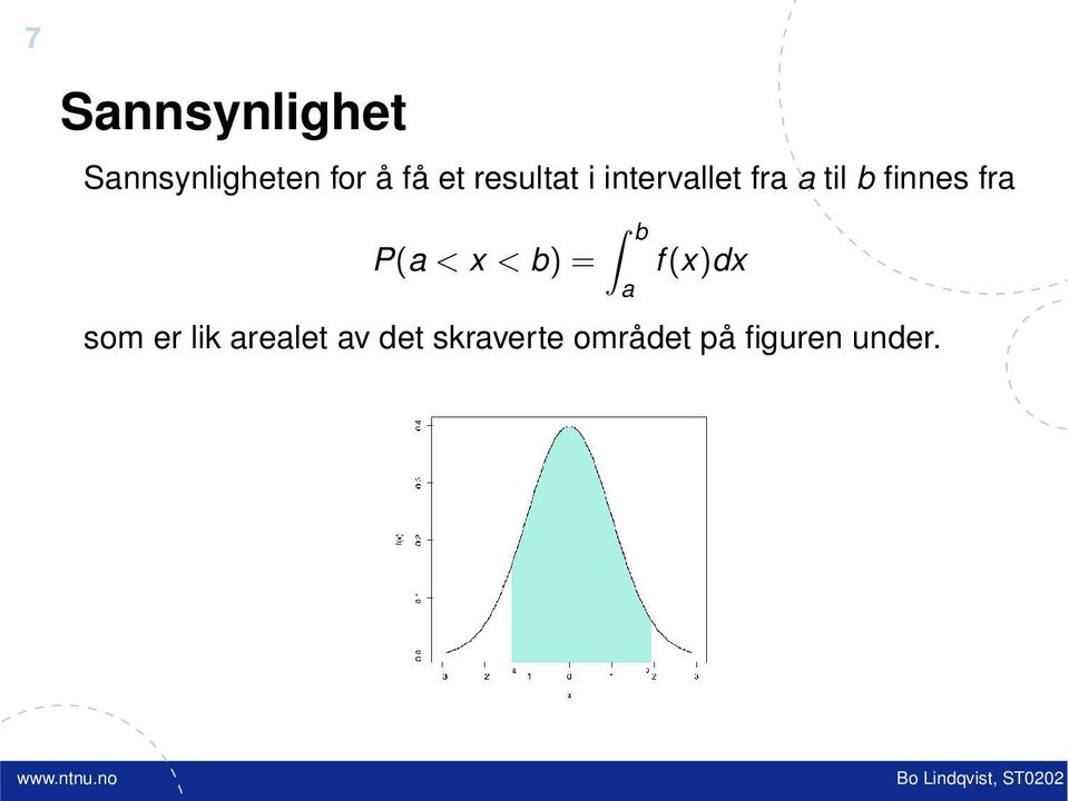 fra P(a < x < b) = b a f (x)dx som er lik