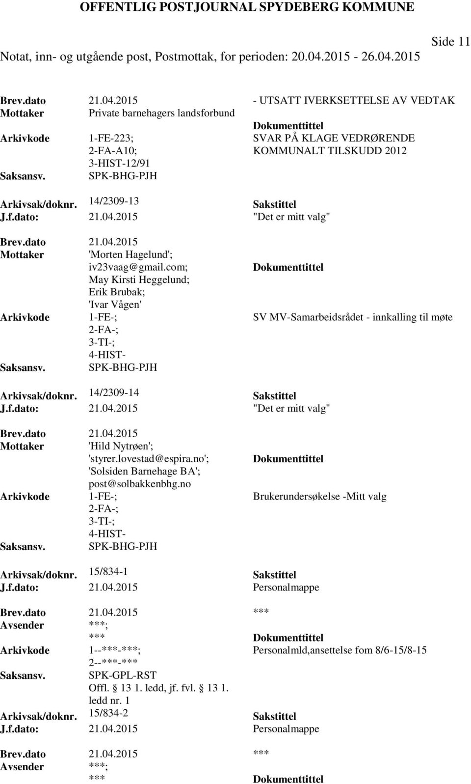 14/2309-13 Sakstittel J.f.dato: 21.04.2015 "Det er mitt valg" Brev.dato 21.04.2015 Mottaker 'Morten Hagelund'; iv23vaag@gmail.