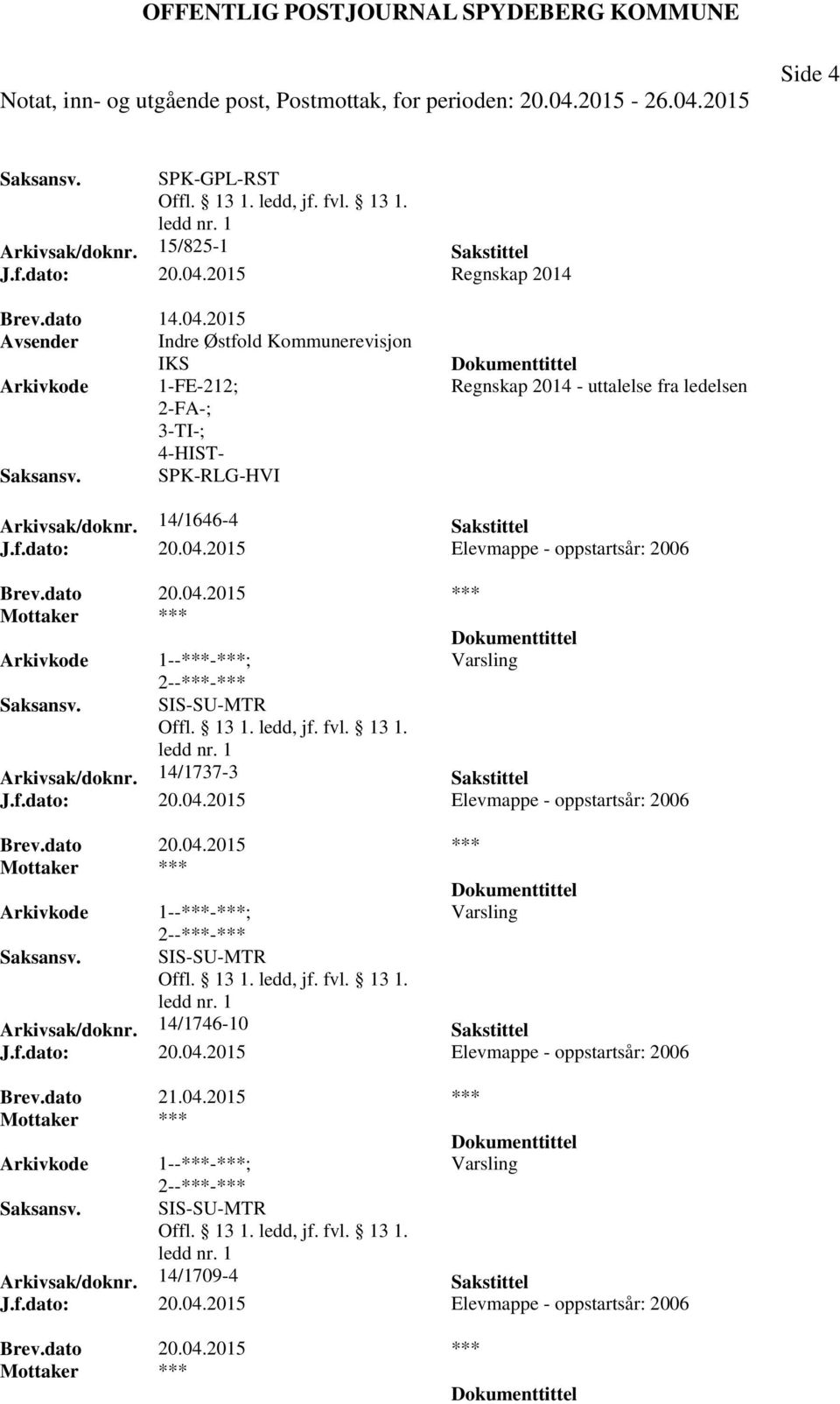 14/1646-4 Sakstittel J.f.dato: 20.04.2015 Elevmappe - oppstartsår: 2006 Brev.dato 20.04.2015 *** Varsling SIS-SU-MTR Arkivsak/doknr. 14/1737-3 Sakstittel J.f.dato: 20.04.2015 Elevmappe - oppstartsår: 2006 Brev.dato 20.04.2015 *** Varsling SIS-SU-MTR Arkivsak/doknr. 14/1746-10 Sakstittel J.