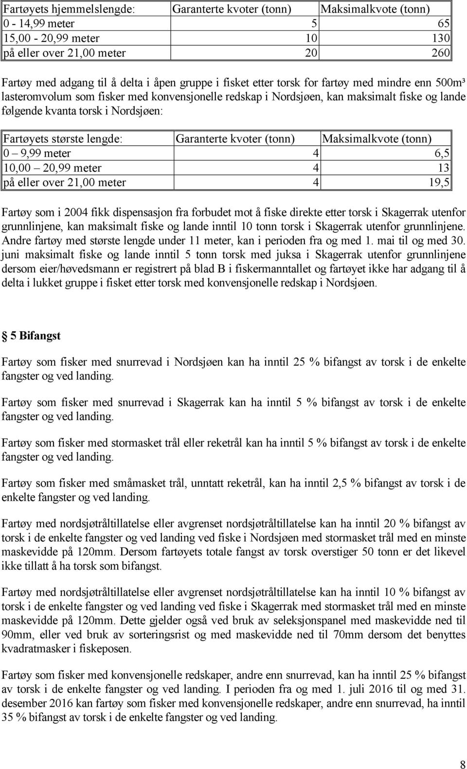 lengde: Garanterte kvoter (tonn) Maksimalkvote (tonn) 0 9,99 meter 4 6,5 10,00 20,99 meter 4 13 på eller over 21,00 meter 4 19,5 Fartøy som i 2004 fikk dispensasjon fra forbudet mot å fiske direkte