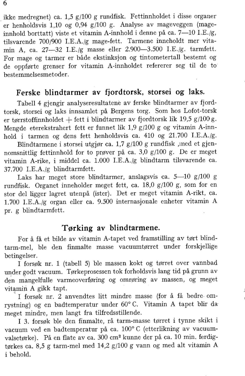 For mage og tarmer er både ekstinksjon og tintometerta bestemt og de oppførte grenser for vitamin A-innhodet refererer seg ti de to bestemmesesmetoder. Ferske bindtarmer av fjordtorsk, storsei og aks.