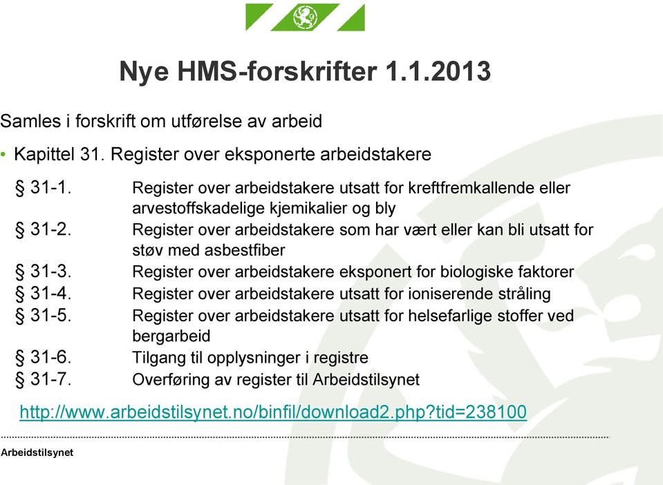 Register over arbeidstakere som har vært eller kan bli utsatt for støv med asbestfiber 31-3. Register over arbeidstakere eksponert for biologiske faktorer 31-4.