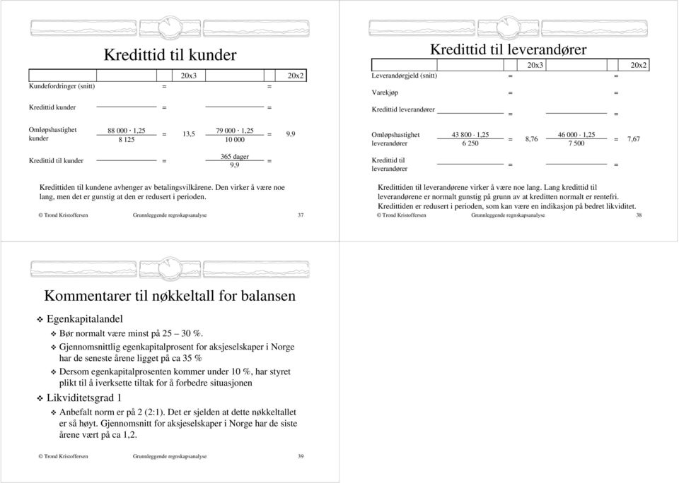 betalingsvilkårene. Den virker å være noe lang, men det er gunstig at den er redusert i perioden. Grunnleggende regnskapsanalyse 37 Kredittiden til leverandørene virker å være noe lang.