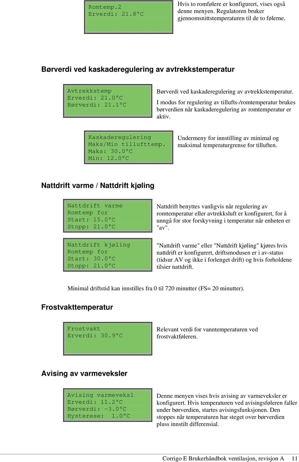 I modus for regulering av tillufts-/romtemperatur brukes børverdien når kaskaderegulering av romtemperatur er aktiv. Kaskaderegulering Maks/Min tillufttemp. Maks: 30.0 C Min: 12.