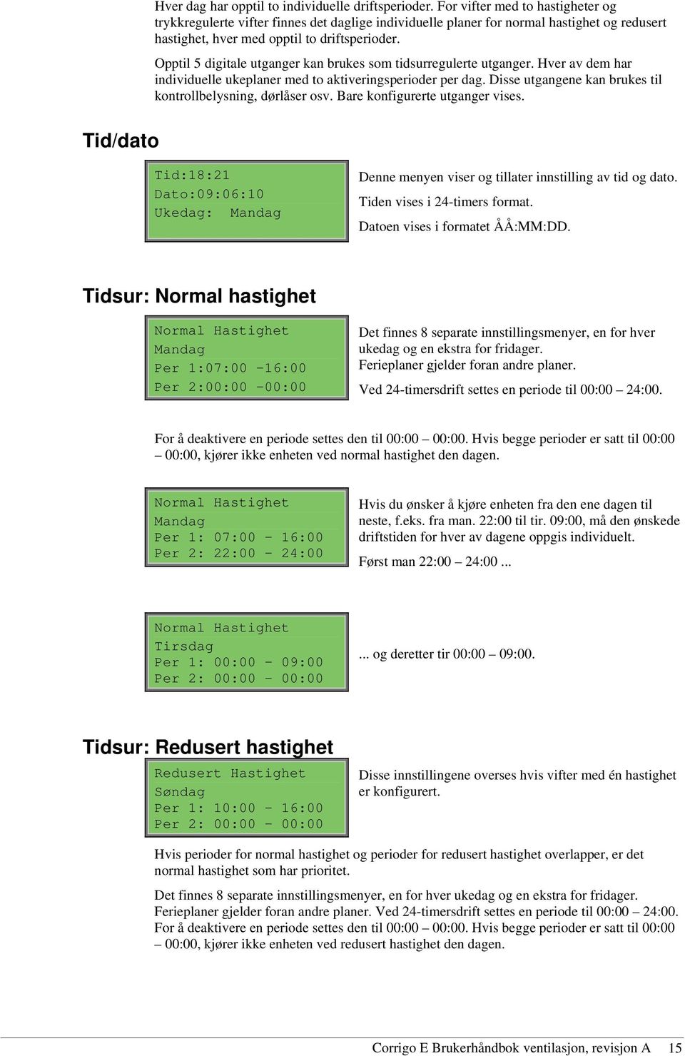 Opptil 5 digitale utganger kan brukes som tidsurregulerte utganger. Hver av dem har individuelle ukeplaner med to aktiveringsperioder per dag.