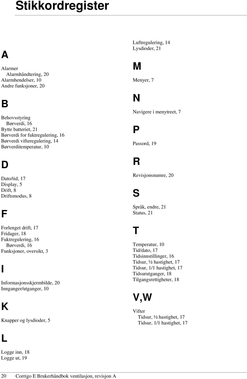 Innganger/utganger, 10 K Knapper og lysdioder, 5 Luftregulering, 14 Lysdioder, 21 M Menyer, 7 N Navigere i menytreet, 7 P Passord, 19 R Revisjonsnumre, 20 S Språk, endre, 21 Status, 21 T Temperatur,