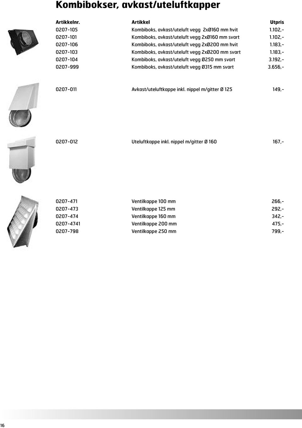 183,- 0207-104 Kombiboks, avkast/uteluft vegg Ø250 mm svart 3.192,- 0207-999 Kombiboks, avkast/uteluft vegg Ø315 mm svart 3.656,- 0207-011 Avkast/uteluftkappe inkl.