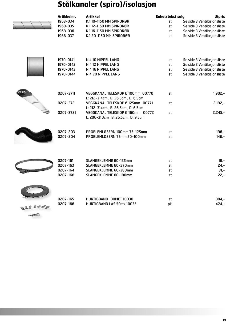 1 20-1150 MM SPIRORØR st Se side 3 Ventilasjonsliste 1970-0141 N 4 10 NIPPEL LANG st Se side 3 Ventilasjonsliste 1970-0142 N 4 12 NIPPEL LANG st Se side 3 Ventilasjonsliste 1970-0143 N 4 16 NIPPEL