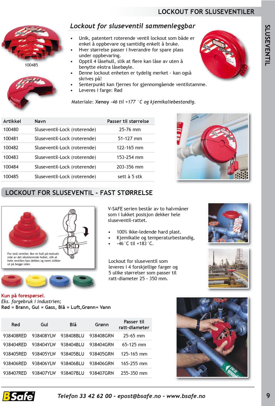 Leveres i farge: Rød SLUSEVENTIL Lockout for sluseventil sammenleggbar Materiale: Xenoy -46 til +77 C og kjemikaliebestandig.