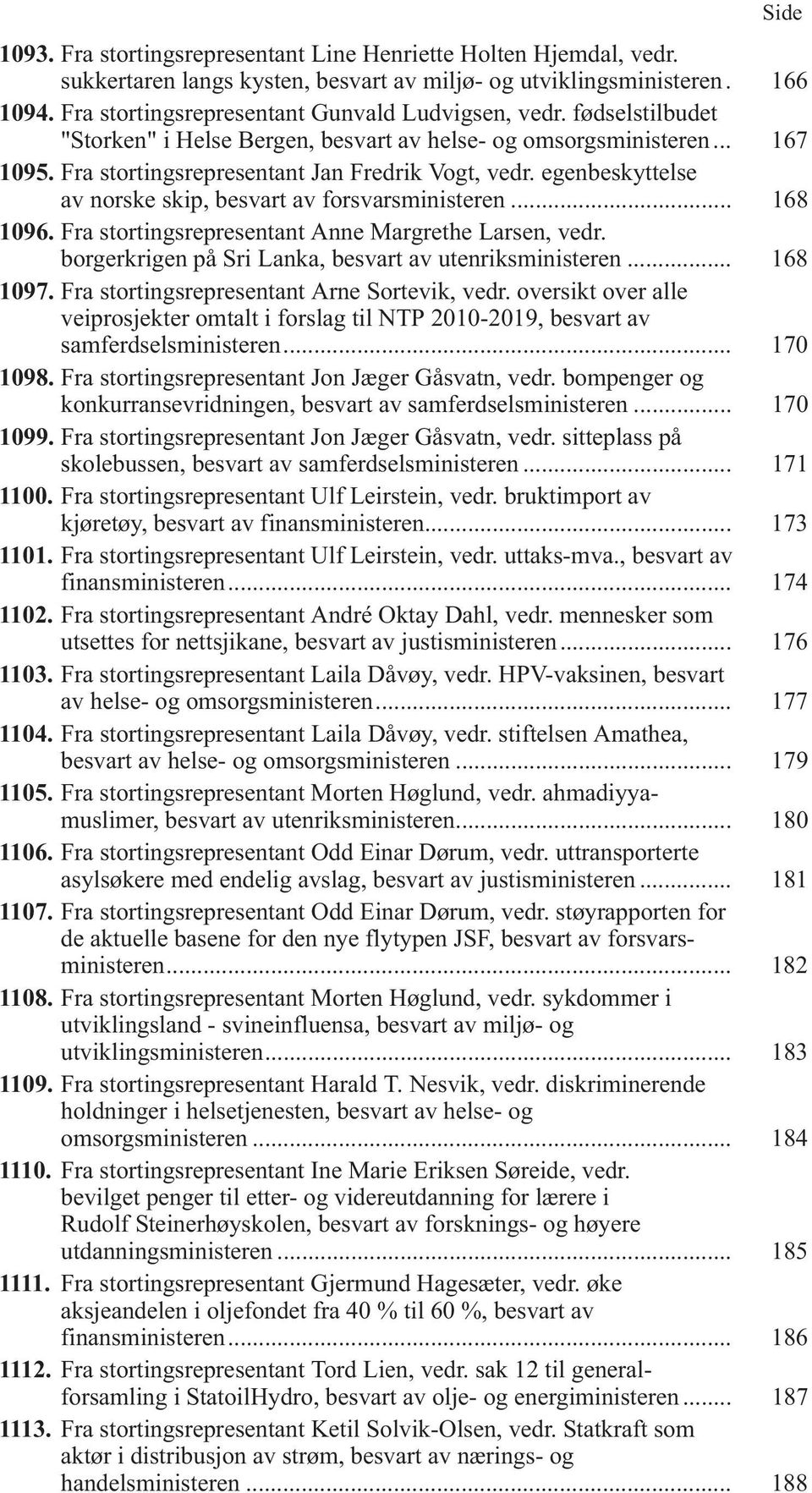 egenbeskyttelse av norske skip, besvart av forsvarsministeren... 168 1096. Fra stortingsrepresentant Anne Margrethe Larsen, vedr. borgerkrigen på Sri Lanka, besvart av utenriksministeren... 168 1097.