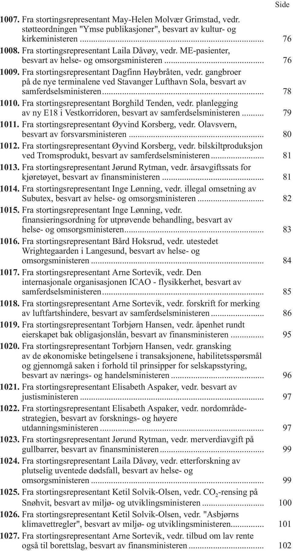 gangbroer på de nye terminalene ved Stavanger Lufthavn Sola, besvart av samferdselsministeren... 78 1010. Fra stortingsrepresentant Borghild Tenden, vedr.