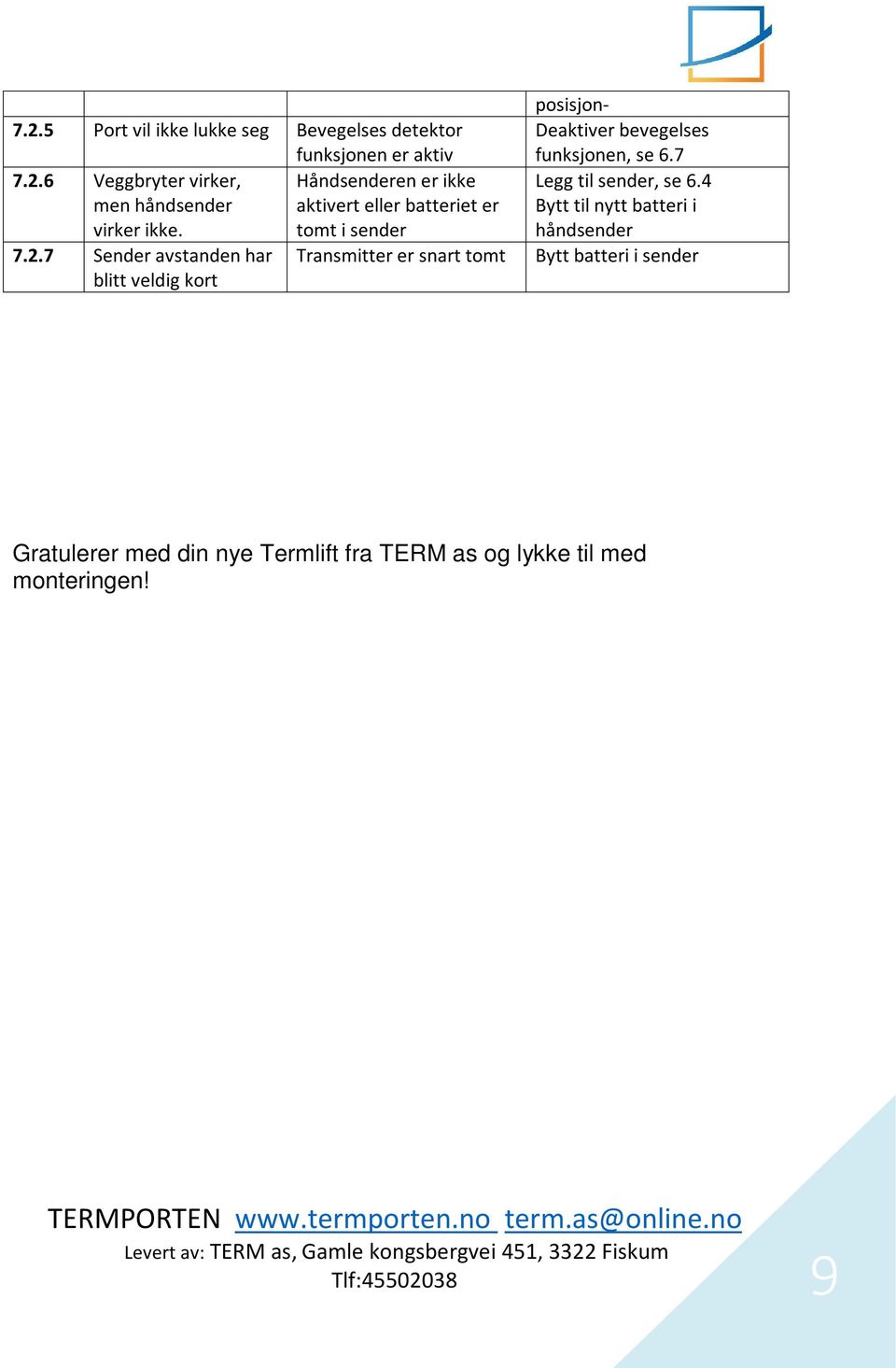 7 Sender avstanden har Transmitter er snart tomt blitt veldig kort posisjon- Deaktiver bevegelses funksjonen, se 6.