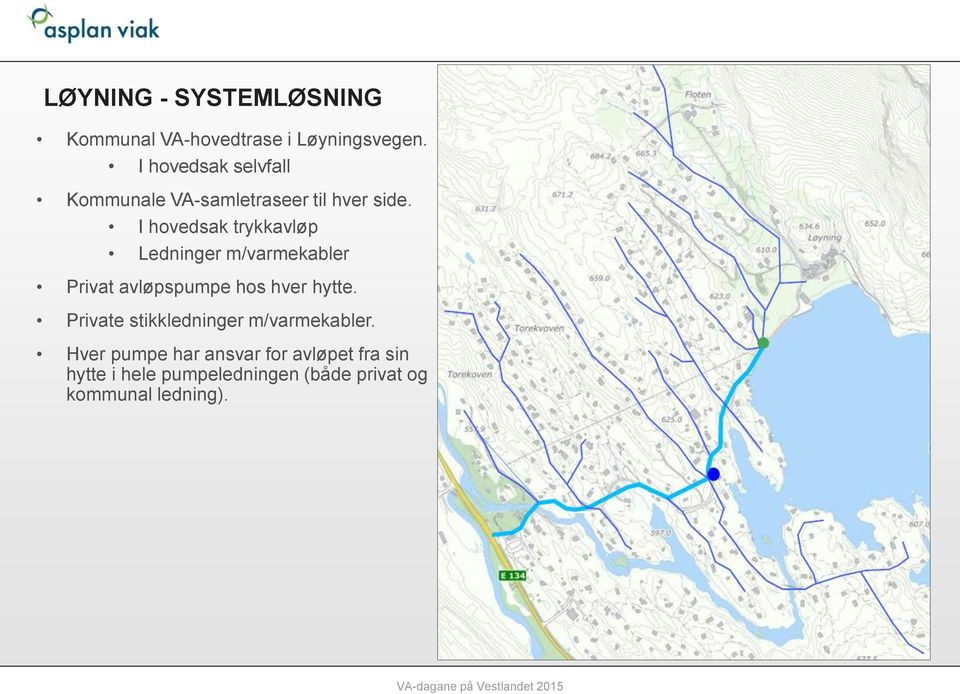 I hovedsak trykkavløp Ledninger m/varmekabler Privat avløpspumpe hos hver hytte.