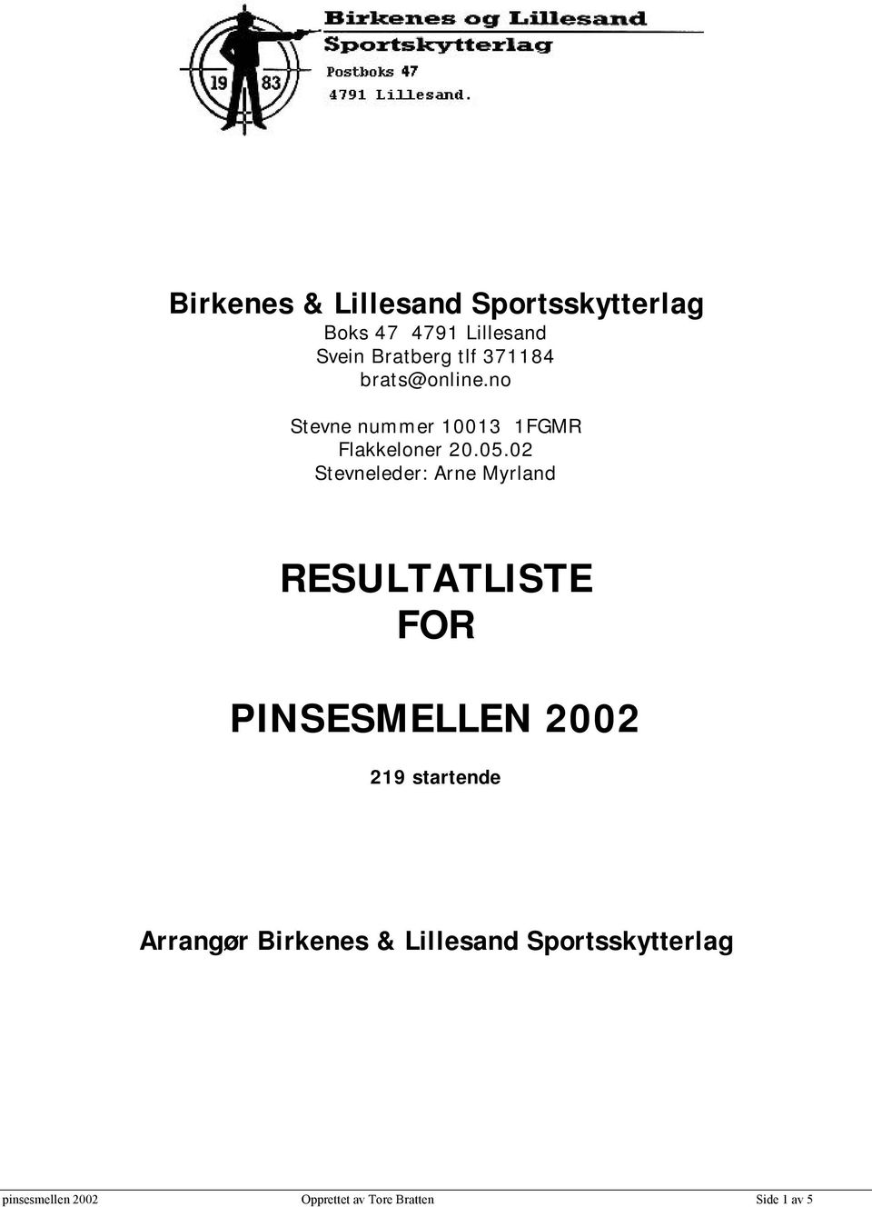 02 Stevneleder: Arne Myrland RESULTATLISTE FOR PINSESMELLEN 2002 219 startende