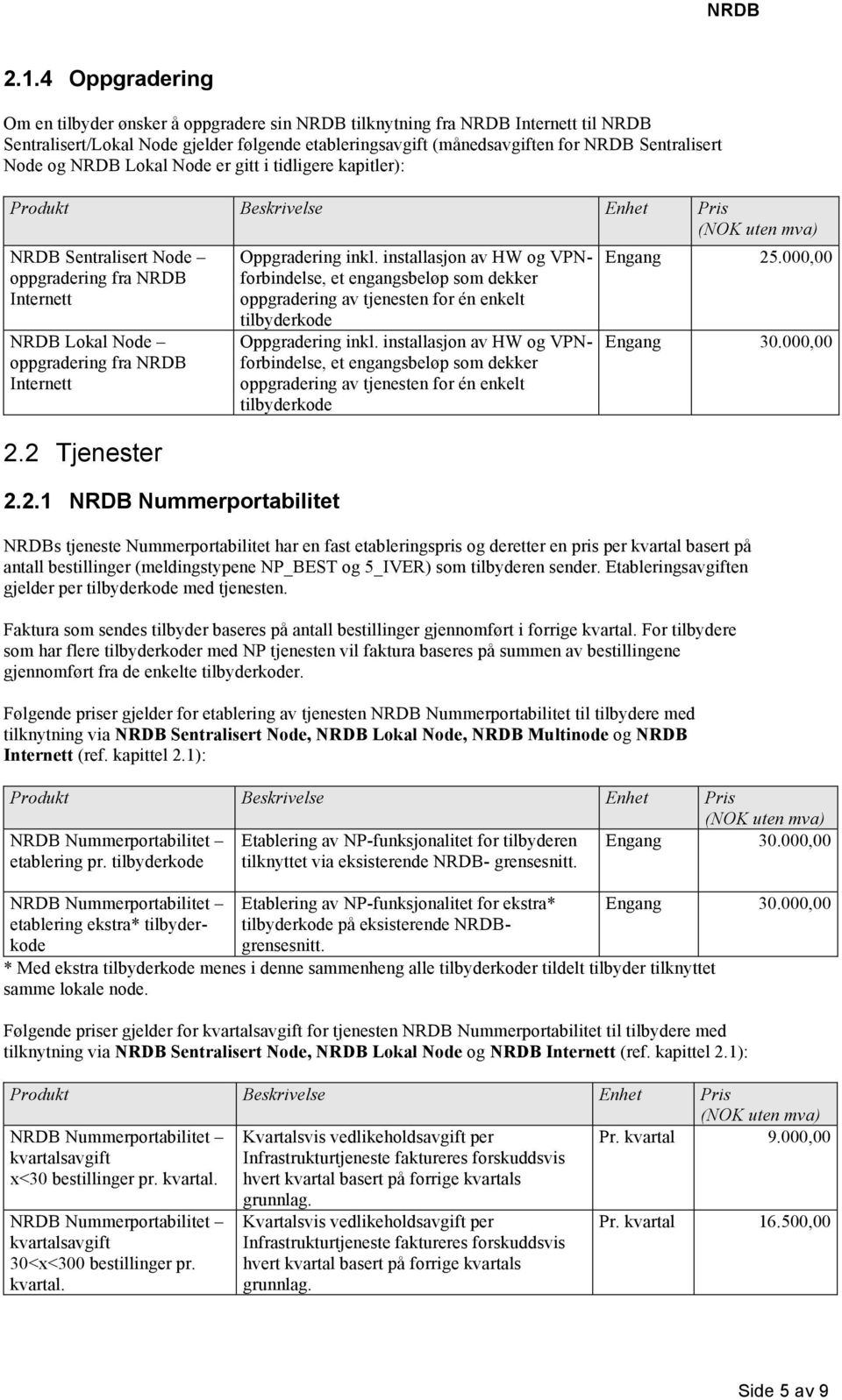 2 Tjenester 2.2.1 NRDB Nummerportabilitet Oppgradering inkl. installasjon av HW og VPNforbindelse, et engangsbeløp som dekker oppgradering av tjenesten for én enkelt tilbyderkode Oppgradering inkl.