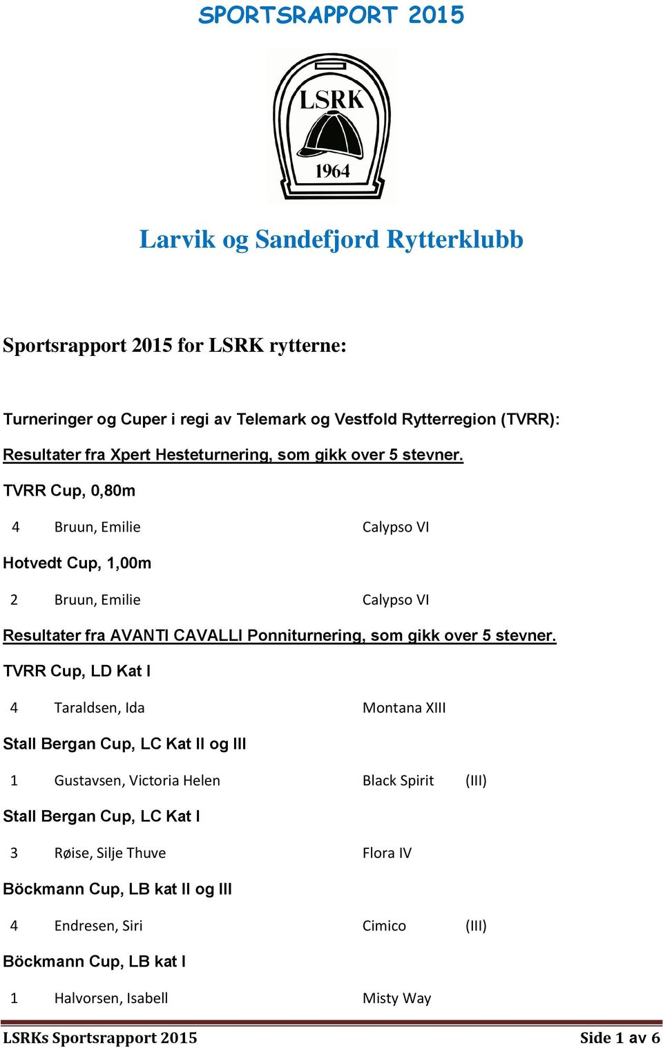 TVRR Cup, 0,80m 4 Bruun, Emilie Calypso VI Hotvedt Cup, 1,00m 2 Bruun, Emilie Calypso VI Resultater fra AVANTI CAVALLI Ponniturnering, som gikk over 5 stevner.