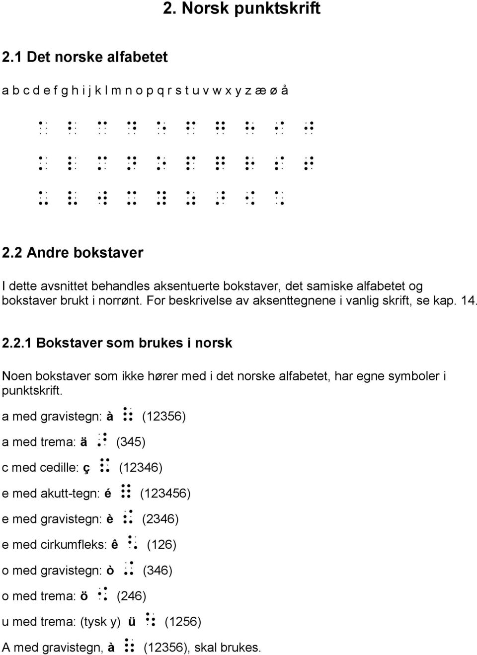 a med gravistegn: à [ (12356) a med trema: ä @ (345) c med cedille: ç & (12346) e med akutt-tegn: é % (123456) e med gravistegn: è ^ (2346) e med cirkumfleks: ê 2 (126) o med gravistegn: ò 0