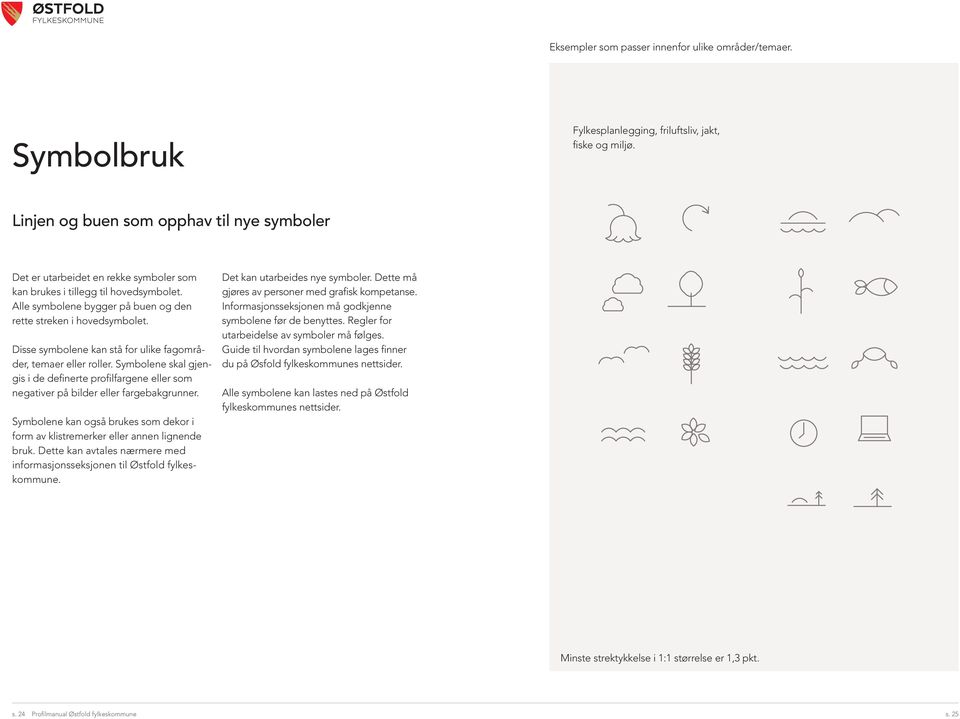 Alle symbolene bygger på buen og den rette streken i hovedsymbolet. Disse symbolene kan stå for ulike fagområder, temaer eller roller.