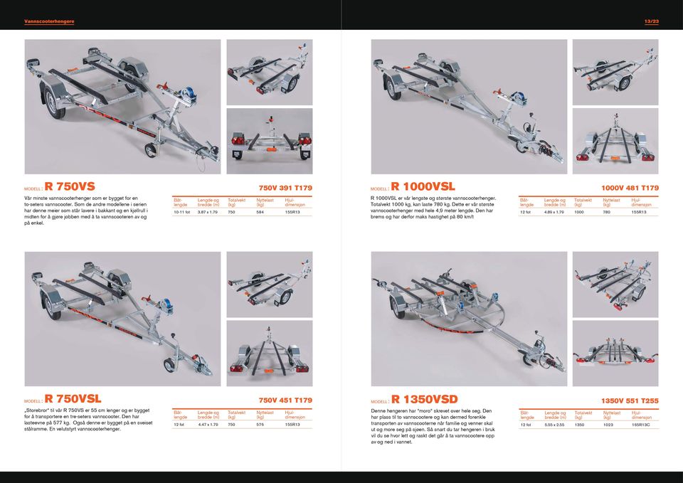 79 750 584 155R13 R 1000VSL er vår lengste og største vannscooterhenger. 1000 kg, kan laste 780 kg. Dette er vår største vannscooterhenger med hele 4,9 meter lengde.