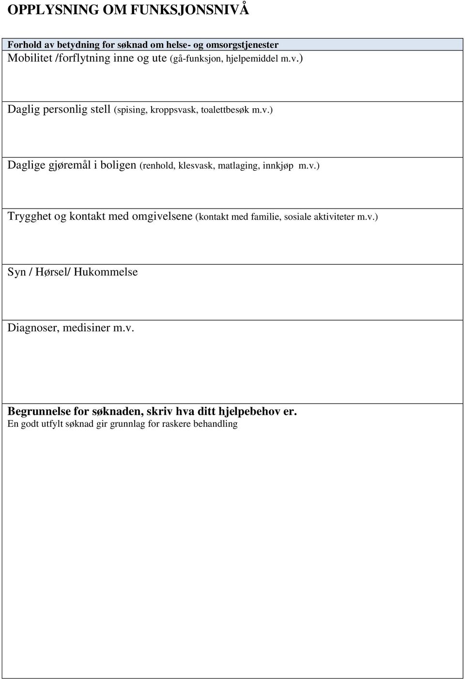 v.) Trygghet og kontakt med omgivelsene (kontakt med familie, sosiale aktiviteter m.v.) Syn / Hørsel/ Hukommelse Diagnoser, medisiner m.