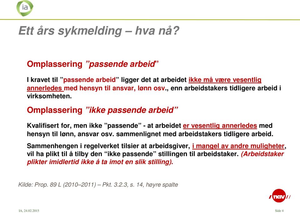 Omplassering ikke passende arbeid Kvalifisert for, men ikke passende - at arbeidet er vesentlig annerledes med hensyn til lønn, ansvar osv.