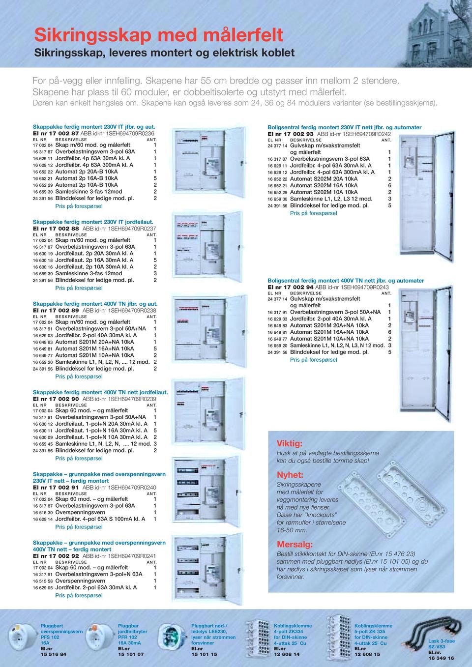 Skappakke ferdig montert 230V IT jfbr. og aut. El nr 17 002 87 ABB id-nr 1SEH694709R0236 17 002 04 Skap m/60 mod. og målerfelt 1 16 629 11 Jordfeilbr. 4p 63A 30mA kl. A 1 16 629 12 Jordfeilbr.