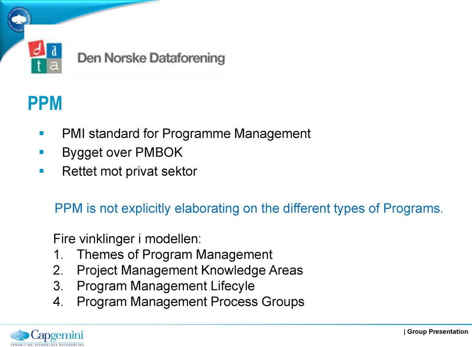 Fire vinklinger i modellen: 1. Themes of Program Management 2.