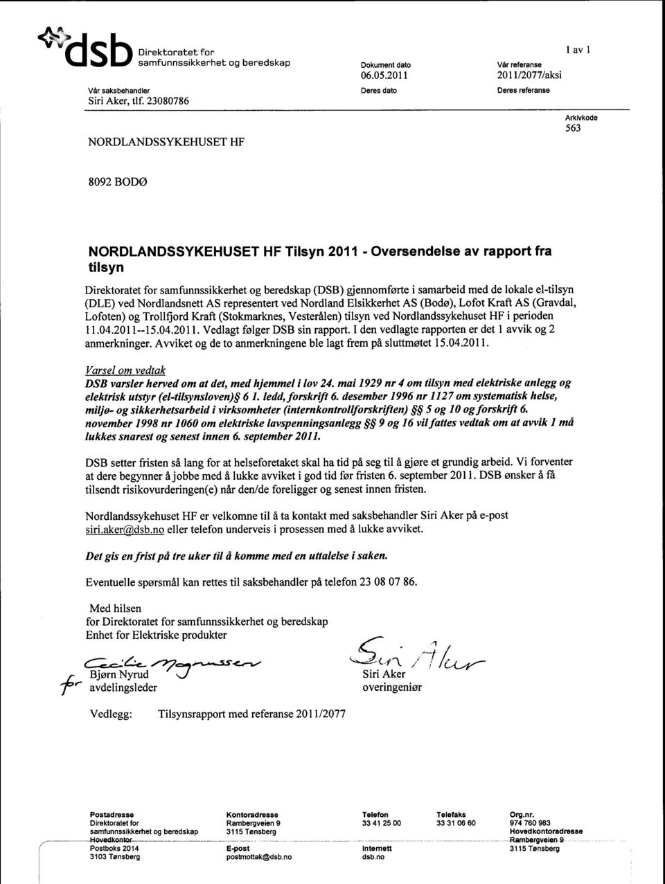 Nordlandsnett AS representert ved Nordland Elsikkerhet AS (Bodø), Lofot Kraft AS (Gravdal, Lofoten) og Trollfjord Kraft (Stokmarknes, Vesterålen) tilsyn ved Nordlandssykehuset HF i perioden 11.04.