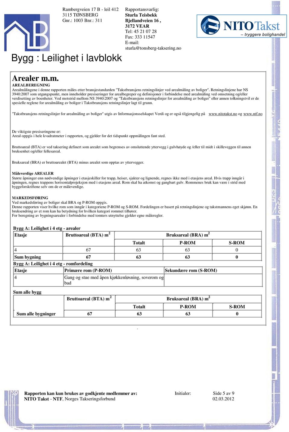 definisjoner i forbindelse med arealmåling ved omsetning og/eller verdisetting av boenheter Ved motstrid mellom NS 3940:2007 og "Takstbransjens retningslinjer for arealmåling av boliger" eller annen