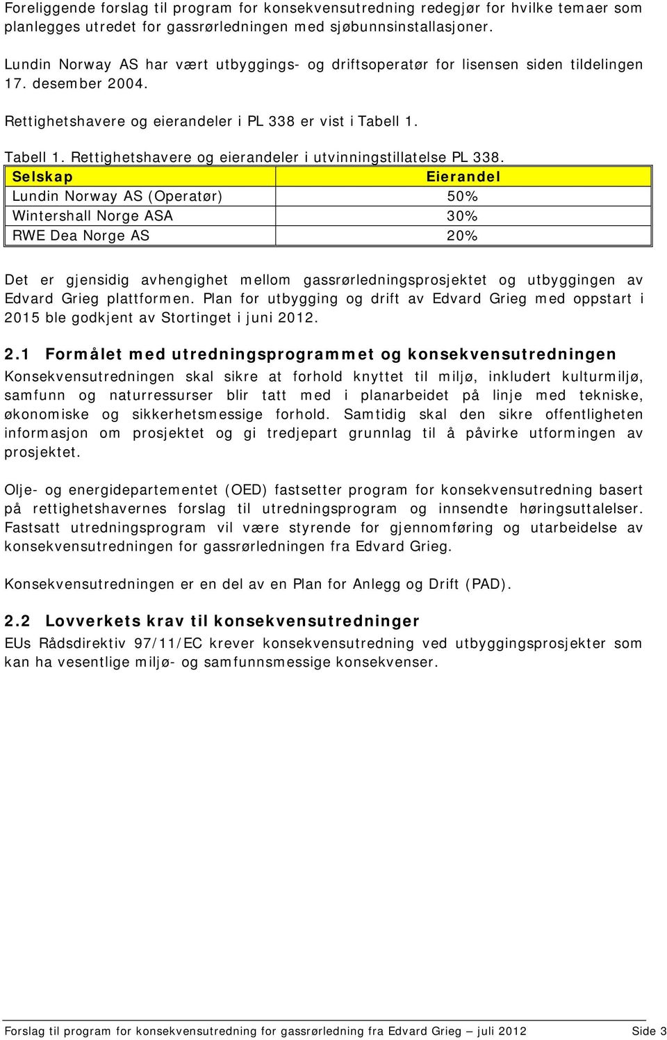 Tabell 1. Rettighetshavere og eierandeler i utvinningstillatelse PL 338.